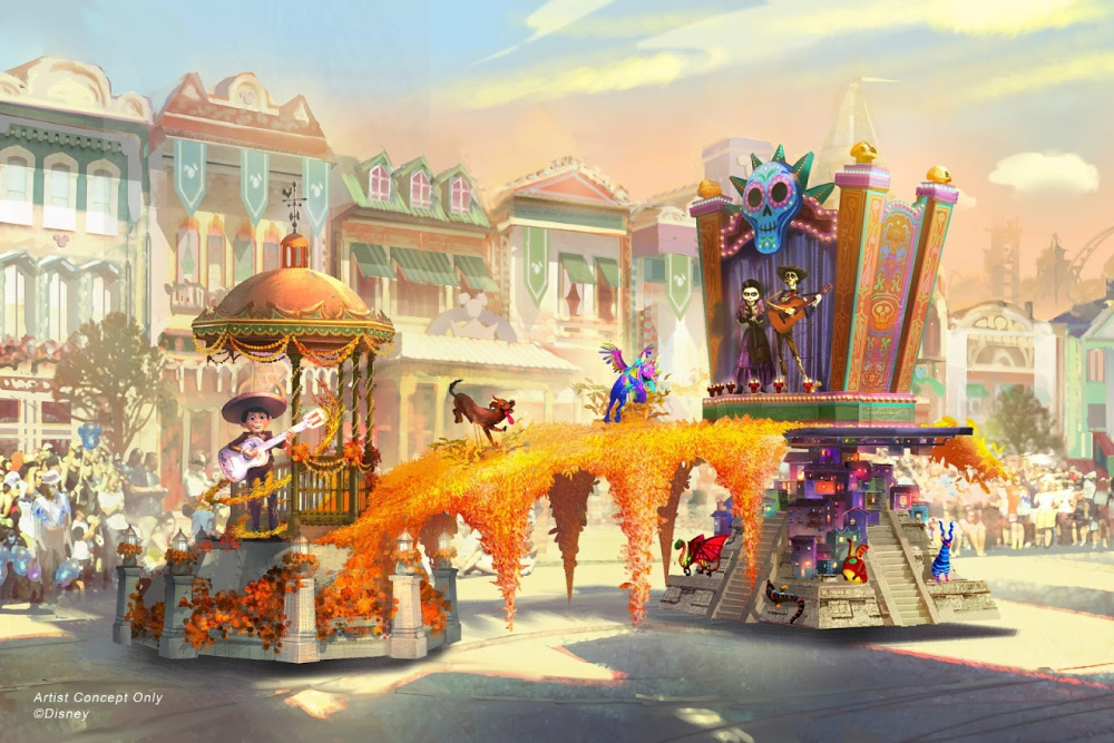 Diseño artístico de carroza de Coco en Disneylandia