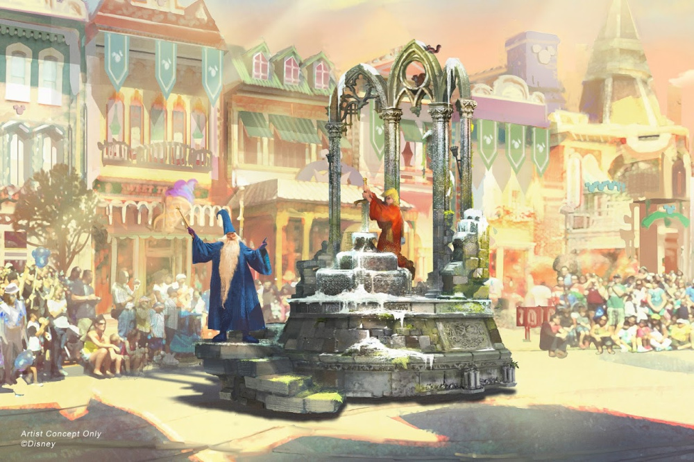 dibujo de carroza de Merlín y Arthur en Disneylandia