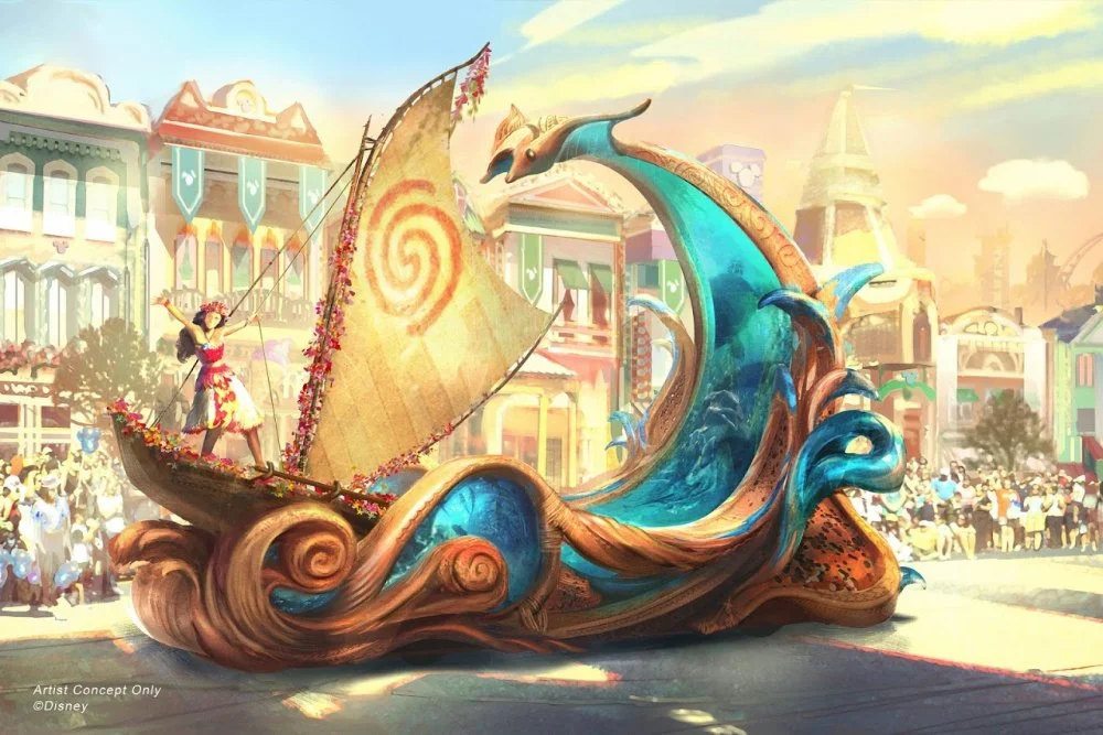 Diseño artístico de carroza de Moana en disneylandia