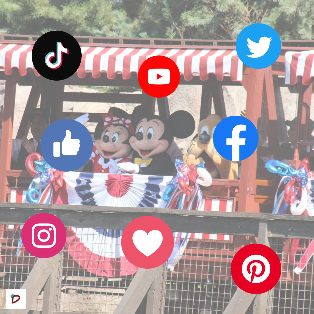 foto con Mickey, Minnie e iconos de redes sociales