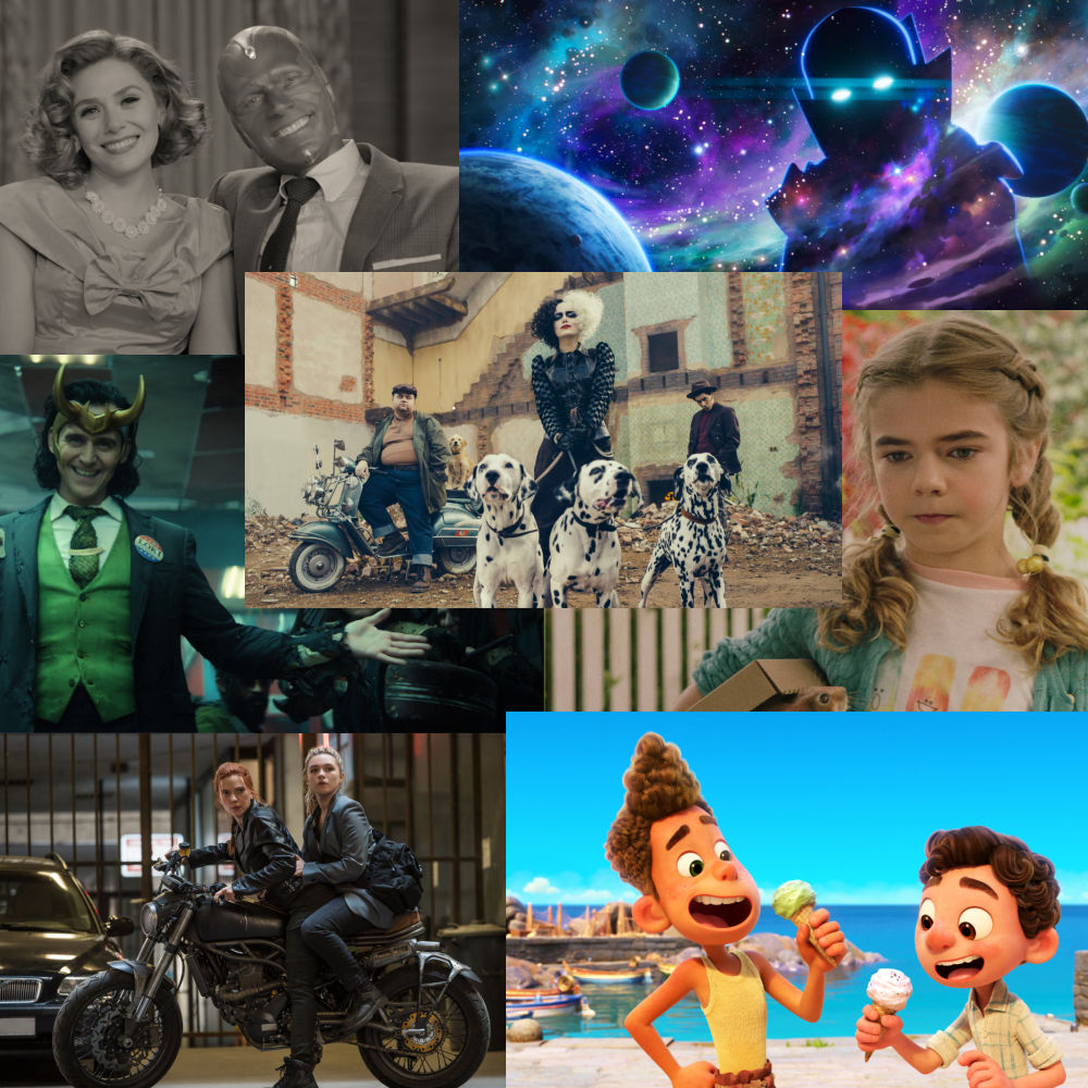 collage con fotos de películas y series de Disney 2021