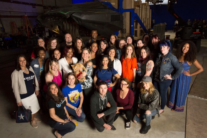 a group of bloggers with Bri Larson and Samuel L. Jackson in the set of Captain Marvel