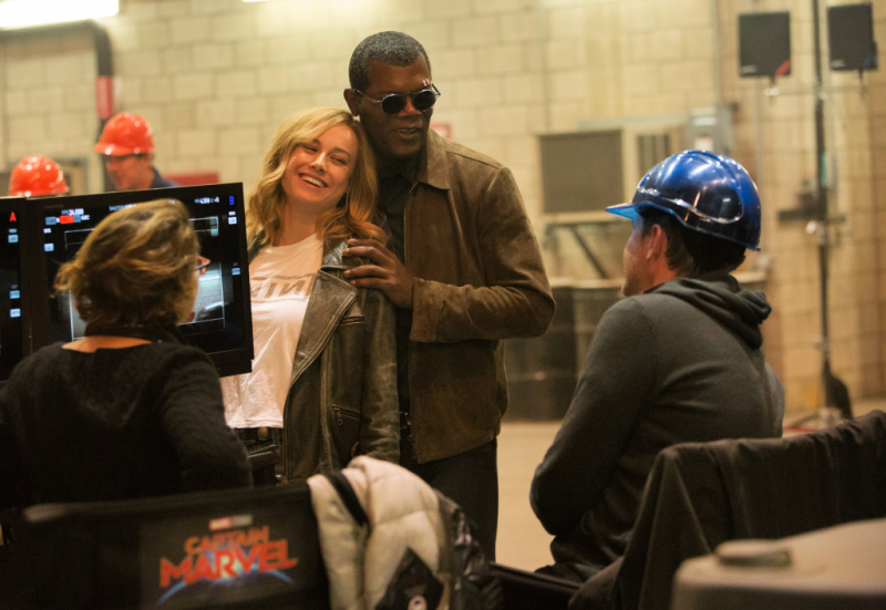 Samuel L. Jackson and Brie Larson on set of the Captain Marvel movie