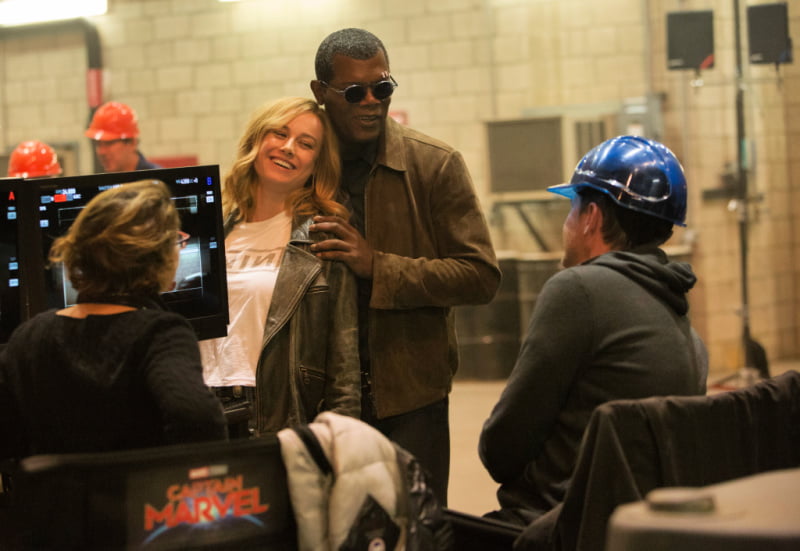 Samuel L. Jackson y Brie Larson en el set de la película Captain Marvel