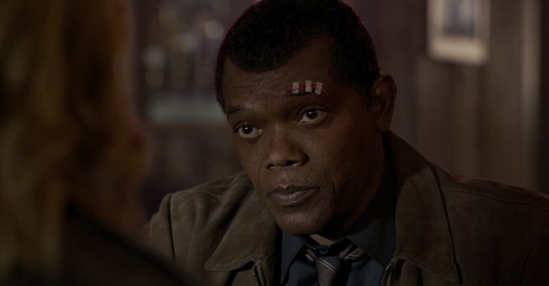 Samuel L. Jackson como Nick Fury en la película Captain Marvel